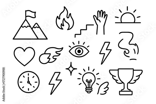 Ambition Doodle Icons. Hand-drawn doodle illustration passionate ambition mountain, flame, flag, stairs, heart, fire trail, hand reaching, sunrise, eye, spark,