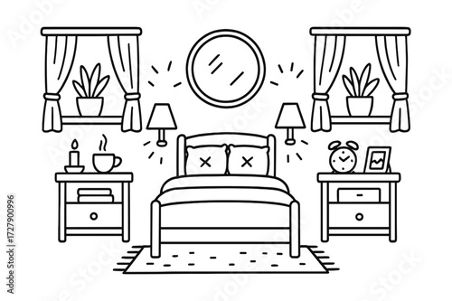 Symmetrical Bedroom Doodle. Hand-drawn doodle illustration [Symmetrical bedroom decor] [twin lamps, bed frame, pillows, nightstands, books, clock, mirror,