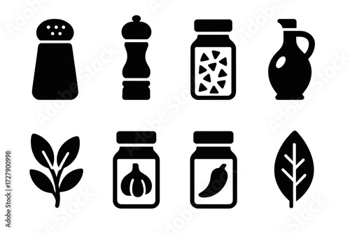 Spice Icon Collection. Solid, filled icon set of garlic and beans seasoning: salt shaker, pepper grinder, chili flakes, olive oil, herbs, garlic powder,