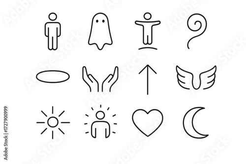 Transcendence Icon Set. Transcendence. Line icon set of transcendence: human figure, ghostly silhouette, floating spirit, ethereal swirl, halo, open hands,