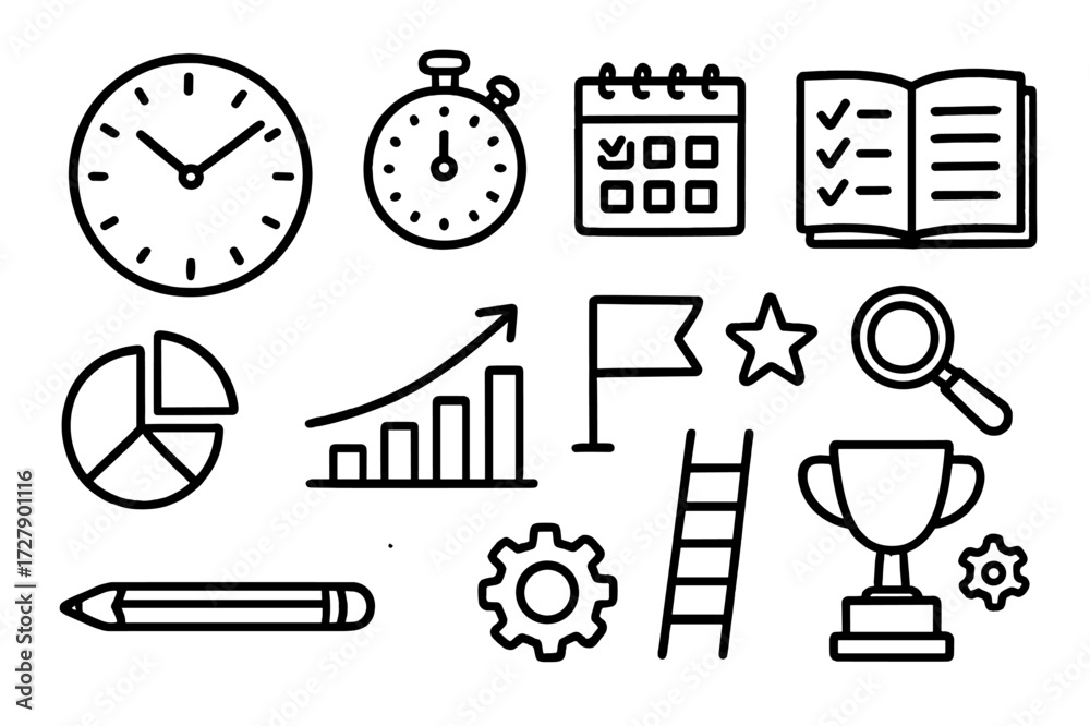 Fototapeta premium Time Management Doodles. Hand-drawn doodle illustration time management in progress tracking clock, stopwatch, calendar, checklist, notebook, pie chart, bar
