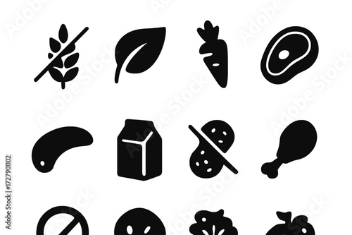 Dietary Preferences Icons. Solid, filled icon set of menu dietary preferences: gluten-free, vegan, vegetarian, keto, low-carb, dairy-free, nut-free, paleo.