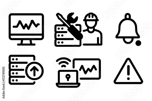 Server Farm Icons. Solid, filled icon set of server farm operations: monitoring screen, maintenance tools, technician, alert bell, system update, remote