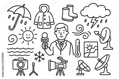 Weather Reporter Essentials. Hand-drawn doodle illustration Weather reporters umbrella, raincoat, boots, storm cloud, sun, lightning, microphone, wind swirl,