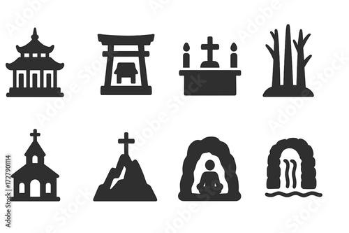 Sacred Sites Icons. Solid, filled icon set of blessing places: temple, shrine, altar, sacred grove, church, mountain peak, meditation cave, holy spring. Solid,