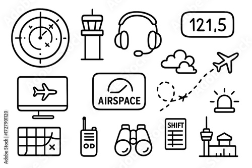 Air Traffic Control Doodles. Hand-drawn doodle illustration air traffic control radar screen, control tower, communication headset, traffic monitor, airplane