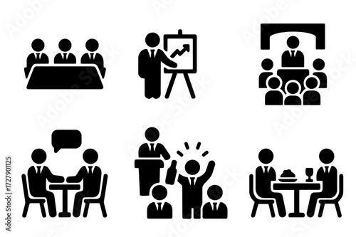 Business Occasion Icons. Solid, filled icon set of business suit occasions: board meeting, sales pitch, corporate event, client meeting, seminar, negotiation,