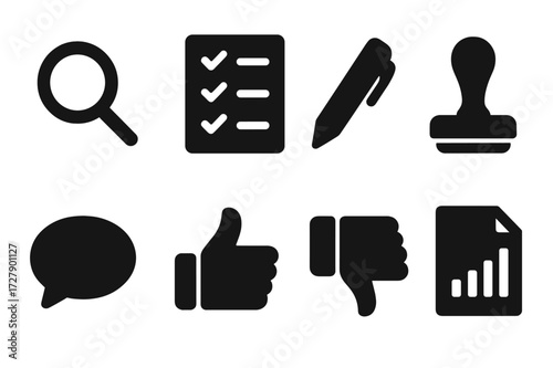 Assignment Review Icons. Solid, filled icon set of assignment review process: magnifying glass, checklist, pen, stamp, comment, thumbs up, thumbs down, report.