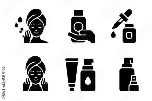 Cosmetics Application Icons. Solid, filled icon set of cosmetics application steps: cleanser, toner, serum, moisturizer, primer, foundation, powder, setting