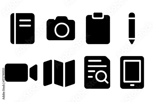 Discovery Icon Set. Solid, filled icon set of discovery documentation: notebook, camera, clipboard, pencil, video camera, map, research paper, tablet. [Line
