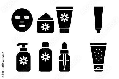 Chamomile Skincare Icons. Solid, filled icon set of chamomile skincare: face mask, moisturizer jar, lotion tube, eye cream, facial cleanser, toner bottle,