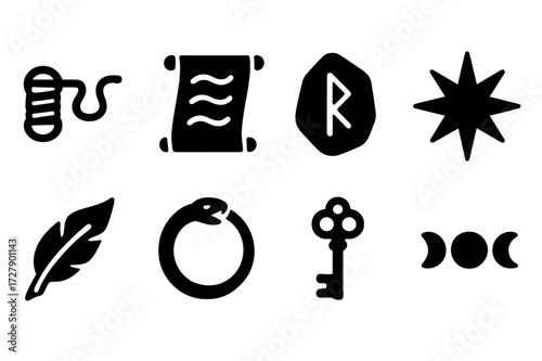 Mythic Icon Set. Solid, filled icon set of mythic themes: fate thread, prophecy scroll, magic rune, celestial star, phoenix feather, serpent ring, enchanted