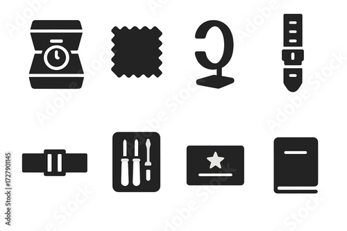 Watch Accessories Icons. Solid, filled icon set of watch accessories: watch box, cleaning cloth, watch stand, extra strap, clasp, tool kit, warranty card,