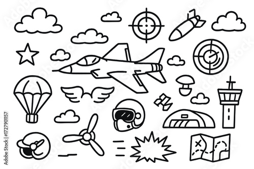 Air Combat Doodle. Hand-drawn doodle illustration Air combat fighter jet, missile, bomb, crosshair, star, radar, clouds, wings, parachute, pilot helmet,