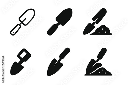 Garden Trowel Icons. Fertile soil. Set Logo of Garden trowel: Garden trowel. Iconic shape, Minimal outline, Filled silhouette, Stylized detail, Negative space,