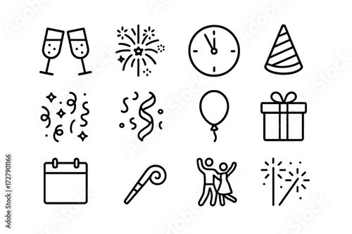 New Year Icon Set. New Year celebration. Line icon set of New Year celebration: champagne glass, fireworks, clock striking midnight, party hat, confetti,