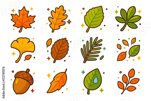 Colorful Autumn Icons. Autumn collection. Colorful isometric vector icons set of Autumn collection: maple leaf, oak leaf, birch leaf, chestnut leaf, ginkgo,