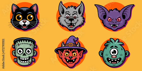 Halloween cartoon characters collection with monster, cat, werewolf, bat, cyclops, Frankenstein, spooky mascot vector illustration