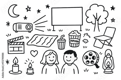 Outdoor Movie Night Icons. Hand-drawn doodle illustration Outdoor movie night [projector, screen, blanket, folding chair, popcorn, soda, moon, stars, tree,