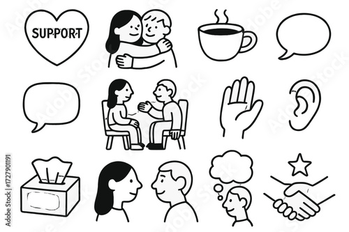 Friendship and Support Icons. Hand-drawn doodle illustration Supportive dialogue heart, hug, two friends, tea cup, notebook, chair, speech bubble, open hand,