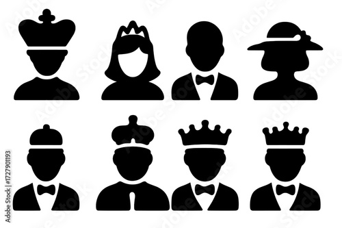 Aristocracy Role Icons. Solid, filled icon set of twirl musical instruments: baton, tambourine, drumsticks, violin bow, guitar pick, maracas, flute, cymbals.