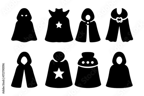 Mystical Cloak Icons. Solid, filled icon set of cloak symbolism: mystery cloak, power cloak, protection cloak, elegance cloak, secrecy cloak, magic cloak,