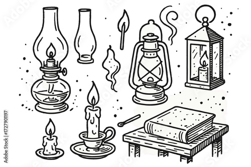 Vintage Lamp Doodles. Hand-drawn doodle illustration [Vintage lamps] [oil lamp, kerosene lamp, candle lantern, glass chimney, matchstick, flame, wick, antique