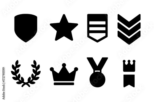 Black Rank Badges. Solid, filled icon set of rank badges: shield, star, stripes, chevrons, bars, laurel wreath, crown, medal ribbon. Solid, filled icons in
