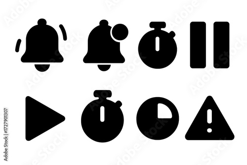 Minimalist Interval Icons. Solid, filled icon set of interval alerts: alarm bell, notification, timer, pause icon, play icon, stopwatch, countdown, alert
