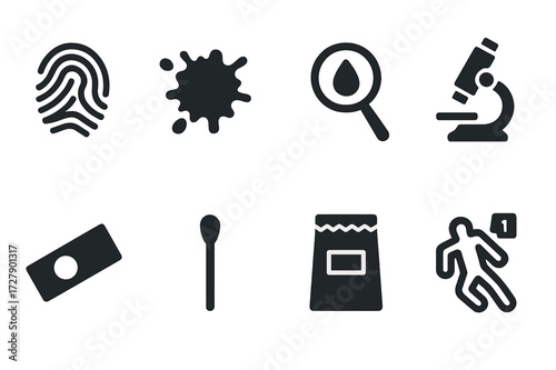 Forensic Analysis Icons. Solid, filled icon set of forensic blood analysis: fingerprint smudge, blood spatter, magnifying glass with drop, microscope, test