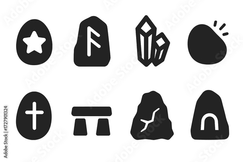 Symbolic Stone Icons. Solid, filled icon set of symbolic stones: magic stone, rune stone, mystical crystal, lucky stone, healing stone, altar stone, ancient