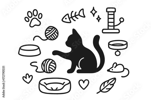 Cat Doodle Fun. Hand-drawn doodle illustration Cat Playing with a Ball [cat silhouette, yarn ball, paw print, fishbone, scratching post, collar, whiskers,