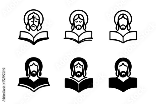 Jesus Forgiveness Logos. Jesus' forgiveness. Set Logo of Jesus' forgiveness: Open Bible icon. harmonious logo variations of the same emblematic concept
