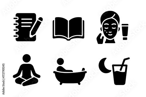 Black Self-care Icons. Solid, filled icon set of daily self-care: journaling, reading, skincare, stretching, meditation, bath, relaxation, hydration. Solid,