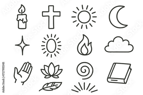 Doodle Symbol Collection. Hand-drawn doodle illustration divine light candle, cross, sun, moon, star, aura, flame, cloud, hand, lotus flower, spiral, triangle,