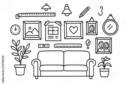 Gallery Wall Doodle. Hand-drawn doodle illustration [Home gallery wall installation] [wall section, framed art, measuring tape, pencil, painter?s tape, layout