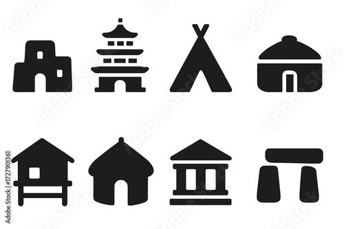 Ethnic Architecture Icons. Solid, filled icon set of ethnic architecture: adobe house, pagoda, teepee, yurt, stilt house, hut, temple, stone circle. Solid,