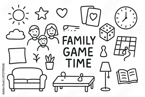 Family Game Night. Hand-drawn doodle illustration Family game time board game, dice, cards, star, heart, sofa, clock, lamp, table, family figures, pillow,