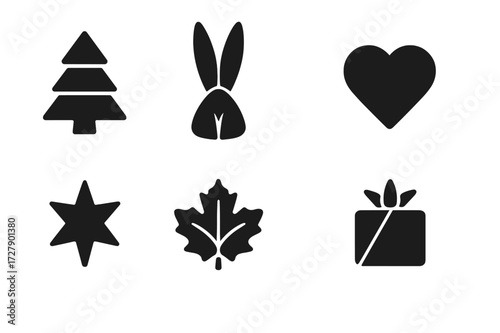 Seasonal Napkin Folds Icons. Solid, filled icon set of seasonal napkin folds: Christmas tree fold, bunny fold, heart shape, pumpkin fold, star fold, autumn