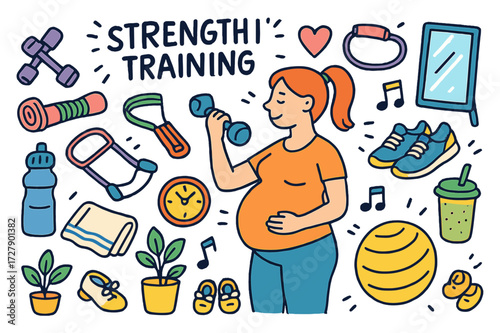 Pregnant Fitness Doodles. Strength training. Colorful Hand-drawn doodle Children illustration Pregnant woman, dumbbells, resistance band, yoga mat, stability