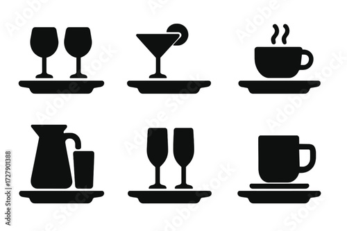 Drink Tray Icons. Solid, filled icon set of drink service trays: wine glasses, cocktail glasses, coffee cups, juice pitchers, champagne flutes, water glasses,