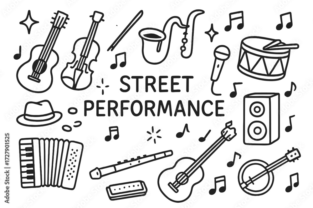 Fototapeta premium Street Music Doodle. Hand-drawn doodle illustration Street Performance [guitar, violin, saxophone, drum, hat, coins, microphone, speaker, sparkle, star, music