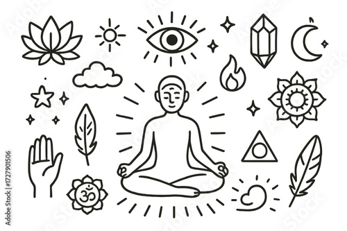 Meditative Symbol Doodle. Hand-drawn doodle illustration [Third eye] [eye, lotus flower, meditation pose, sun, moon, stars, crystal, flame, mandala, cloud,