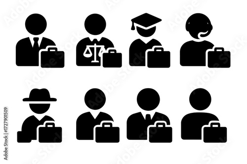 Briefcase User Icons. Solid, filled icon set of briefcase user types: businessman, lawyer, student, consultant, traveler, manager, executive, employee. [Line
