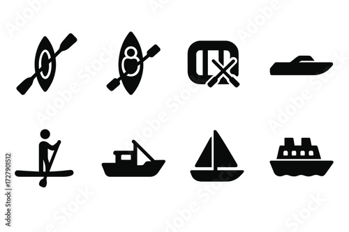 River Transport Icons. Solid, filled icon set of river transport: canoe, kayak, raft, motorboat, paddleboard, fishing boat, sailboat, ferry. [Line icons in