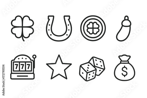 Icon Set_ Fortune Symbols. Outline icon set of fortune luck: four-leaf clover, horseshoe, lucky coin, jackpot, star, rabbit foot, dice, money bag. Line icons