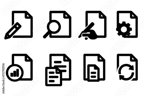 Contract Lifecycle Icons. Solid, filled icon set of contract lifecycle stages: drafting, reviewing, signing, executing, monitoring, amending,