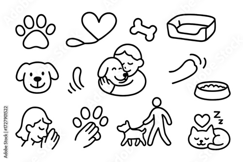 Pet Owner Bonding Icons. Hand-drawn doodle illustration Pet and owner bond [paw print, heart leash, pet bed, smiling pet face, cuddle, bone, tail wag, treat,