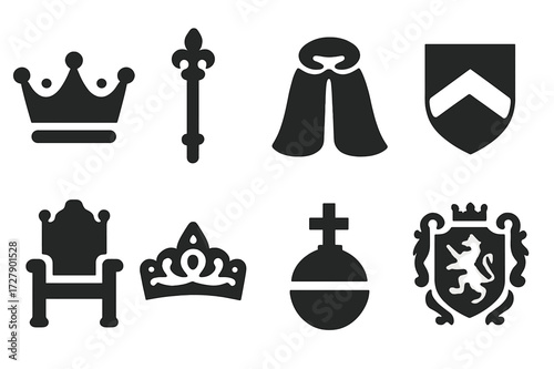 Nobility Symbols Icons. Solid, filled icon set of nobility symbols: crown, scepter, royal robe, heraldic shield, throne, tiara, orb, coat of arms. Solid,