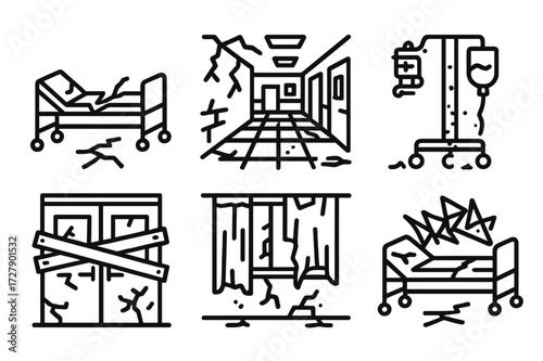 Deserted Hospital Icons. Solid, filled icon set of deserted hospital: broken beds, cracked tiles, empty corridors, smashed glass, rusted equipment, graffiti,